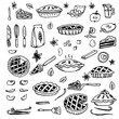 American apple pie. Ingredients, knife for peeling vegetables, flour, spatulas, shovels, spoons, vanilla sticks, kitchen utensils, dishes, loose spices. Doodle vector illustration all objects isolated
