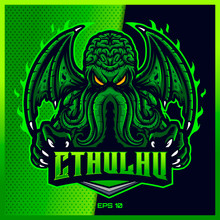 Green Cthulhu Grab Text Esport And Sport Mascot Logo Design In Modern Illustration Concept For Team Badge, Emblem And Thirst Printing. Mad Cthulhu Illustration On Green Background. Vector Illustration