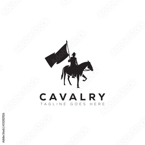 Fotografía cavalry logo, with man, flag and horse vector