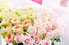 Romantic Bouquet Of Peony Pink And Green Roses. Selective Focus, Close-up