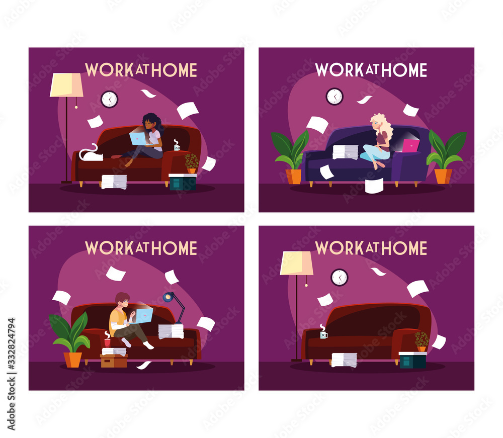 set of cards people working from her home - obrazy, fototapety, plakaty 