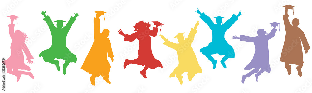 Jumping students graduates in mantles and square caps on graduation. Colorful silhouettes, vector illustration. - obrazy, fototapety, plakaty 