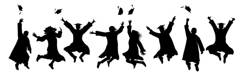 Wall Mural - Jumping graduates throw square academic caps. Silhouette of graduation. Vector illustration.