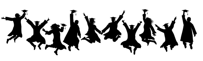 Wall Mural - Jumping silhouettes of graduates in square academic caps and mantles, icons. Vector illustration