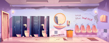 Dirty Public Restroom With Messy Toilet Bowls And Urinals, Broken Floor And Mirror, Graffiti Drawn On Wall. Vector Cartoon Illustration Of Old Male Lavatory, Empty Unclean WC Interior