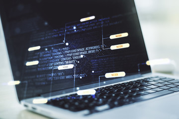 Poster - Double exposure of abstract creative programming illustration on computer background, big data and blockchain concept
