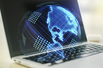 Poster - digital america map on modern laptop background, international trading concept. multiexposure