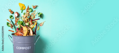 Fotomural Peeled vegetables in white compost bin on blue background