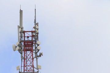 Base station mobile network antenna on a steel structure mast with a repeater. 3g, 4g, 5g.