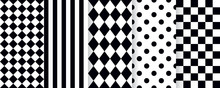 Harlequin Seamless Pattern. Vector. Circus Black White Background With Rhombus, Stripe, Square, Plaid And Checkered. Grid Tile Texture. Geometric Illustration.