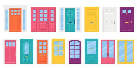 Front door. Vector. Set house doors in flat design isolated on white background. Cartoon illustration. Building entrance. Closed doorways with doorknob, letterbox and knocker.