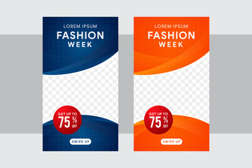 Trendy editable vertical Stories banner template. Design for social media posting update. story design template with orange and blue curve of horizon. Space for photo. curve line and dot pattern. 