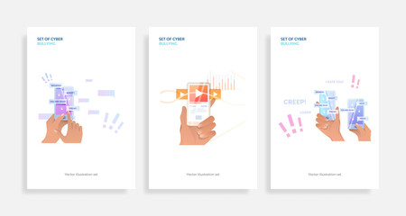 Poster - Set of cyber bullying. Flat vector illustrations of phone in hands with abusive messages on screen, users rate. Internet hate concept for banner, website design or landing web page