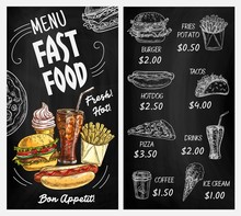 Fast Food Restaurant Blackboard Menu With Chalk Sketches Of Burgers And Drinks. Hamburger, Hot Dog, Pizza And French Fries, Cheeseburger, Soda And Coffee, Ice Cream And Tacos, Chalkboard Menu Design