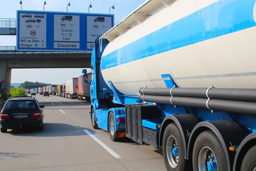 Lorry jam before customs clearance (Motorway A5, border Germany - Switzerland)