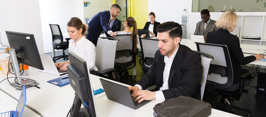 Wall Mural - Coworkers engaged in open plan office