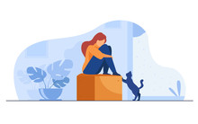 Lonely Girl Suffering From Depression. Unhappy Depressed Young Woman Sitting, Curling On Couch At Home, Crying. Vector Illustration For Mental Illness, Sadness, Stress Concept