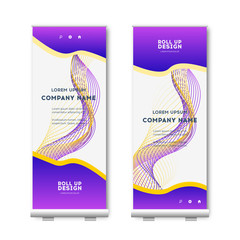 Wall Mural - Purpple Roll Up template. Modern brochure or flyer in trendy gradients, color vertical banner design with abstract digital wave, cover background. Vector, eps10