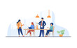 Employees meeting in office kitchen and drinking coffee. Team of workers talking during coffee break. Vector illustration for teamwork, lunch, corporate communication concept