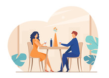 Dating Couple Enjoying Romantic Dinner. Young Man And Woman Sitting At Restaurant Table, Drinking Wine. Vector Illustration For Relationship, Love, Anniversary Concept