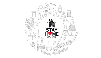 Wall Mural - Stay home stay safe doodle illustration. Quarantine. Pandemic coronavirus. Coronavirus, dna, blood test. Laboratory research vector hand drawn icons set.