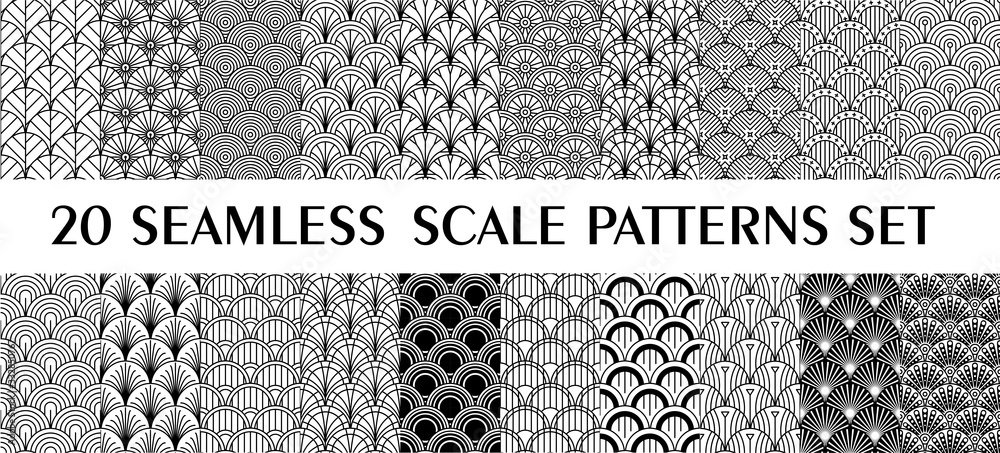 Retro Striped Fish Scale Pattern Set of 24 fish scale art deco style patterns. Retro style ornaments ...