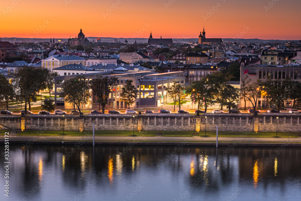 View to Cracow Old town in blue hour in autumn time. Cracow, Poland, october 14.2019 - obrazy, fototapety, plakaty 