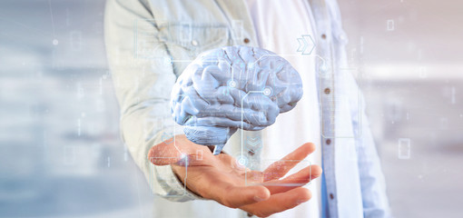 Poster - businessman holding a intelligence artificial brain with data - 3d rendering