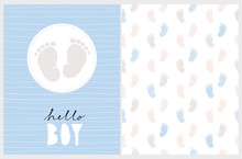 Cute Nursery Vector Art. Light Gray Little Baby Feet In A White Round Frame Isolated On A Striped Pastel Blue Background. Hello Boy. Baby Shower Vector Illustration And Lovely Seamless Pattern. 