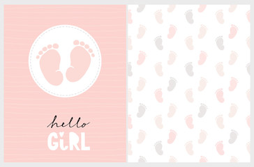 Wall Mural - Cute Nursery Vector Art. Light Pink Little Baby Feet in a White Round Frame Isolated on a Striped Blush Pink Background. Hello Girl.Baby Shower Vector Illustration and Lovely Seamless Pattern. 