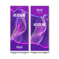 Wall Mural - Violet Roll Up layout. Modern brochure or flyer in trendy gradients, color vertical banner design with abstract digital wave, cover background. Vector, eps10