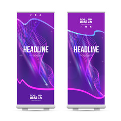 Wall Mural - Beautiful purple Roll Up layout. Modern brochure or flyer in trendy gradients, color vertical banner design with abstract digital wave, cover background