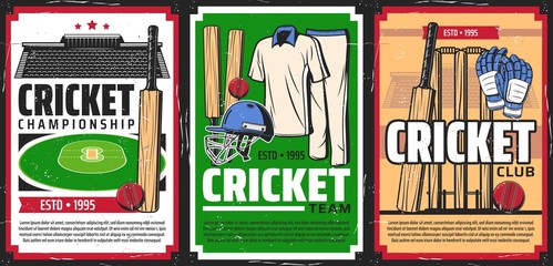 Wall Mural - Cricket sport game equipment and stadium. Vector cricket balls, bats and wickets, player uniform, gloves and helmet with green ground and tribunes retro posters of sport club and championship match