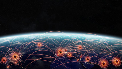 Poster - Coronavirus Covid-19 pandemic spreading in the world between countries and infecting population 3D rendering