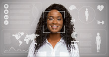Facial Verification Of African American Lady On Grey Background, Double Exposure With Virtual Screen And Digital Data