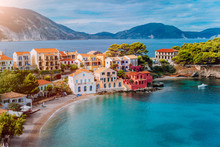 Cozy Colorful Town Assos With Red Roofs At The Lush Green Mediterranean Place Of Kefalonia Island, Greece