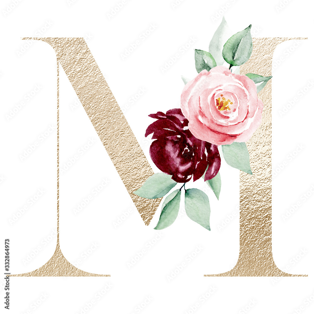 Gold letter m with watercolor flowers and leaves hand painting ...