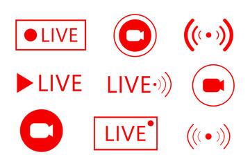 Set of live streaming icons. Set of Live broadcasting icons. Button, red symbols for news, TV, movies, shows