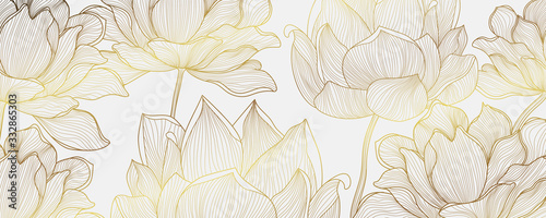 Luxury Gold wallpaper design with Golden lotus and natural background Poster Mural XXL
