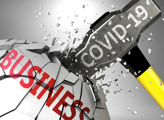 Business and Covid-19 virus, symbolized by virus destroying word Business to picture that coronavirus affects Business and leads to crisis and  recession, 3d illustration