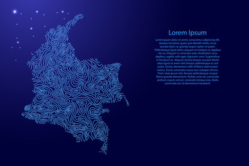 Fototapete - Colombia map from blue isolines or level line geographic topographic map grid and glowing space stars. Vector illustration.
