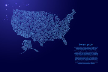 Fototapete - United States of America, USA map from blue isolines or level line geographic topographic map grid and glowing space stars. Vector illustration.
