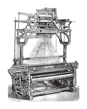 Old Weaving Loom Machine / Vintage Illustration From Brockhaus Konversations-Lexikon 1908