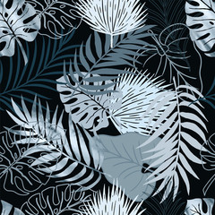 Vector seamless pattern blue watercolor palm exotics and monstera leaves on black. Vector illustration. Colored endless background.