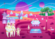 Family of astronauts terraforming planet, space colonization, vector illustration. Happy people on another planet, research base on Mars, science fantasy world of future. Cosmonaut family in spacesuit