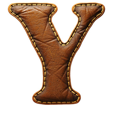 Leather letter Y uppercase. 3D render font with skin texture isolated on white background.