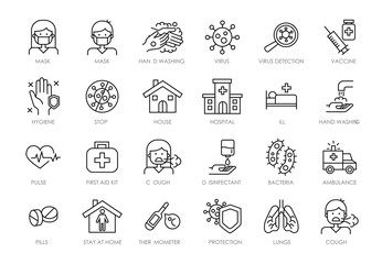 Coronavirus line icon set for infographic or website. Included icons as virus, ncov-2019, contagious, contagion, infection, surgical mask, hand washing, pneumonia, ambulance, hospital, vaccine.