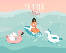 Hand Drawn Vector Stock Abstract Graphic Illustration With A Girl In A Swimsuit Swimming With A Unicorn And Flamingo Rubber Ring Isolated On Ocean Wave Background