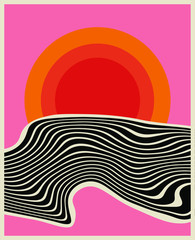 Poster - Minimalistic digital art. Poster. Print for interior design or any graphic design. Sunny sunset.  Sea ​​waves on the background of the sun. Hot weather. Summertime. Warm color palette. Vector EPS 10.
