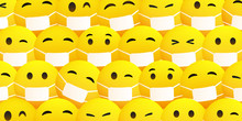 Pattern Background With Various Yellow Emoticons Wearing Medical Mask - Vector Design